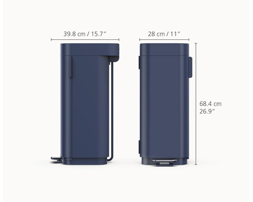 Deux poubelles à pédale bleues avec dimensions