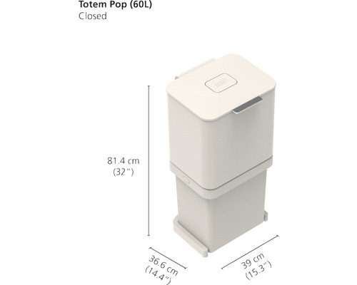 Poubelle Totem Pop d''une capacité de 60 litres en position fermée
