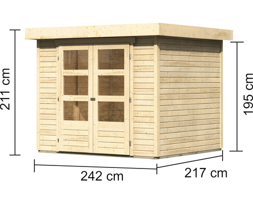 Abri de jardin en bois avec double porte et indications de dimensions : 211 cm de hauteur, 242 cm de largeur avant, 195 cm de hauteur latérale et 217 cm de profondeur latérale