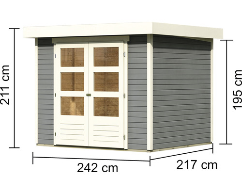Abri de jardin avec des dimensions de 211 cm de hauteur, 242 cm de largeur et 217 cm de profondeur.