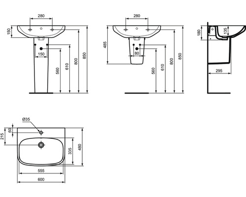 Technische Zeichnung eines Waschtischs mit Maßen.