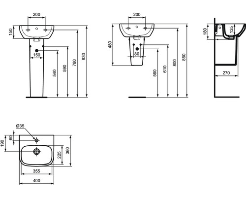 Schéma technique d''un lavabo avec dimensions.
