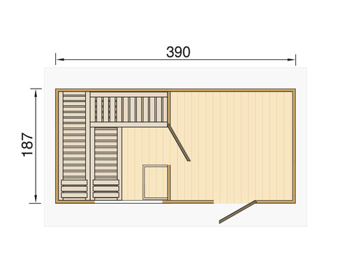 Grundriss einer Gartensauna mit Maßen 390 mal 187 Zentimeter