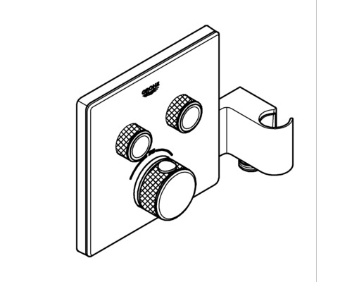 Logo Grohe. Robinet de douche avec trois boutons rotatifs et support de douche.