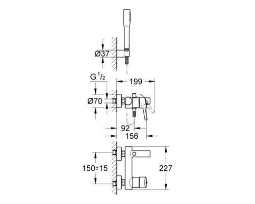 Schéma technique d''un robinet de douche avec dimensions