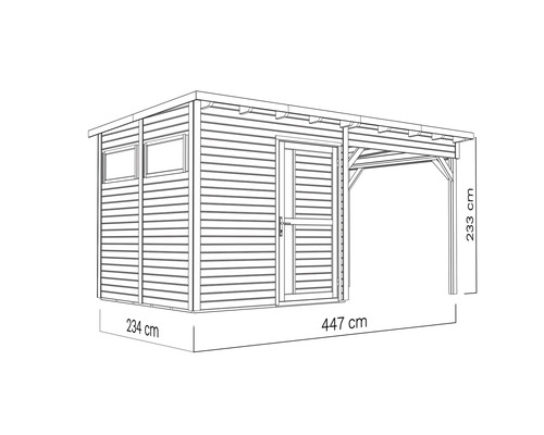 Illustration eines Gerätehauses aus Holz mit einer Größe von 234 mal 447 Zentimetern und einer Höhe von 233 Zentimetern.