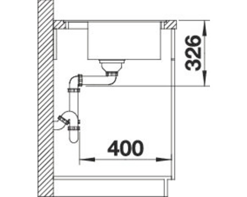 Évier encastrable avec siphon et indications de dimensions pour l''installation