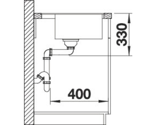 Installationsschema für Spüle mit Abflussgarnitur und Maßangaben