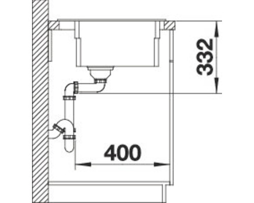 Skizze eines Spülbeckens mit Ablaufgarnitur und Maßangaben