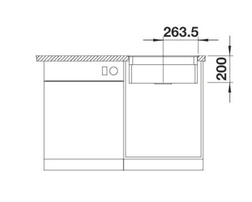 Technische Zeichnung eines Unterschranks mit den Maßen 263,5 und 200