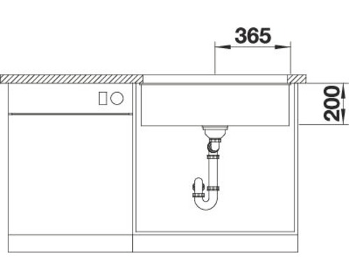Schéma d''une table d''évier avec des dimensions de 365 x 200 mm