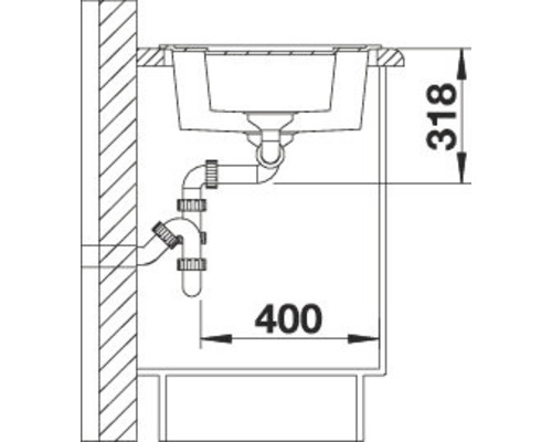 Zeichnung eines Spülbeckens mit Abmessungen und Siphon