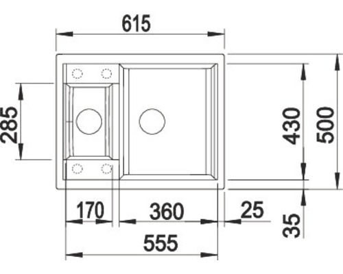 Zeichnung einer Spüle mit Maßangaben