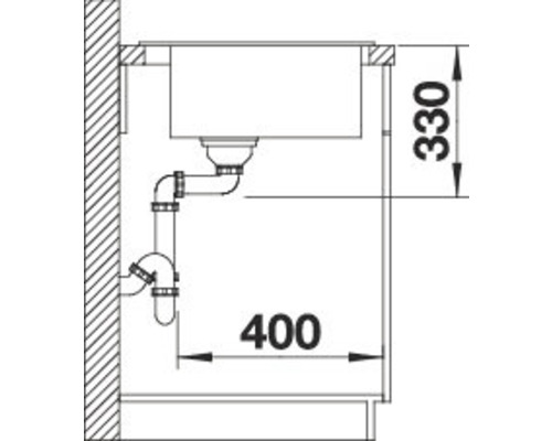 Skizze einer Spüle mit Abflussrohren und Maßangaben 330 und 400.