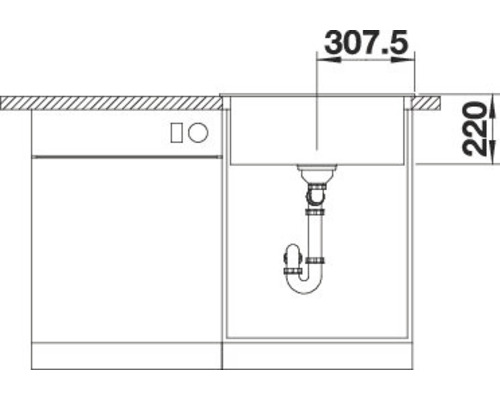 Schéma d''un évier avec siphon et dimensions correspondantes.