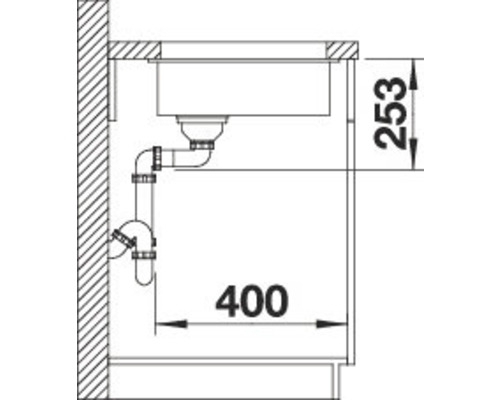 Schéma technique d''un évier avec évacuation et indications de dimensions