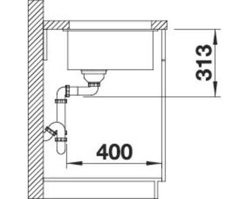 Technische Zeichnung eines Spülbeckens mit Abflussrohren und Maßangaben.
