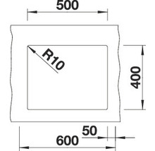 Dessin technique avec dimensions : 500, 400, 600, 50, rayon 10.