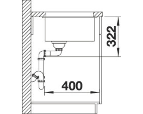 Technische Zeichnung einer Spüle mit Abmessungen 322 und 400.