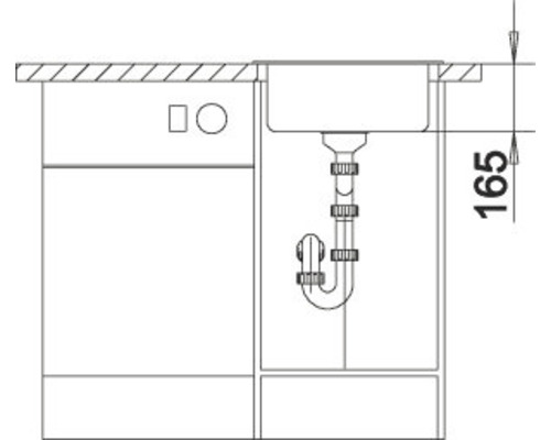 Technische Zeichnung eines Waschbeckens mit Unterschrank und Siphon, Maßangabe 165 Millimeter