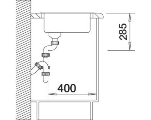 Skizze eines Spülbeckens mit Abmessungen