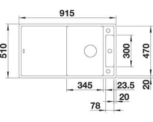Maßzeichnung einer Küchenspüle mit Abtropffläche und Becken