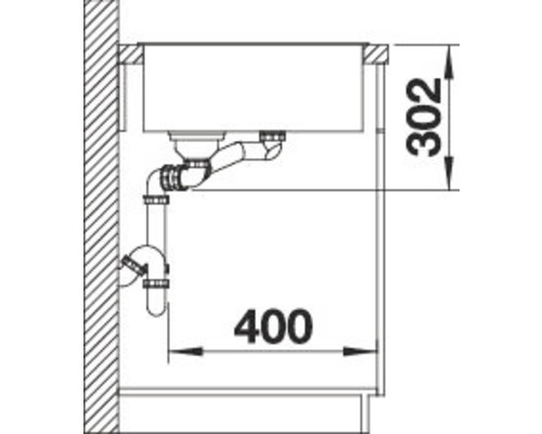 Schéma d''un évier avec siphon et dimensions 302 et 400.