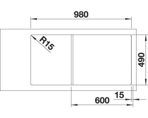 Technische Zeichnung einer Spüle mit den Maßen 980 x 490 mm