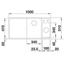 Schéma technique d''un évier avec indications de dimensions.