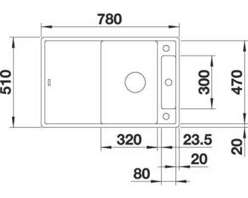 Plan coté d''un évier avec des dimensions de 780 x 510 mm
