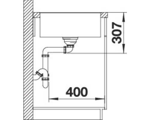 Schéma d''un évier avec siphon et dimensions de 307 et 400 millimètres.