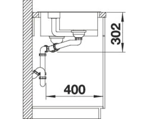 Skizze einer Küchenspüle mit Abflussrohren und Maßangaben