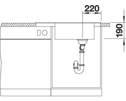 Skizze einer Spüle mit Maßangaben für den Einbau