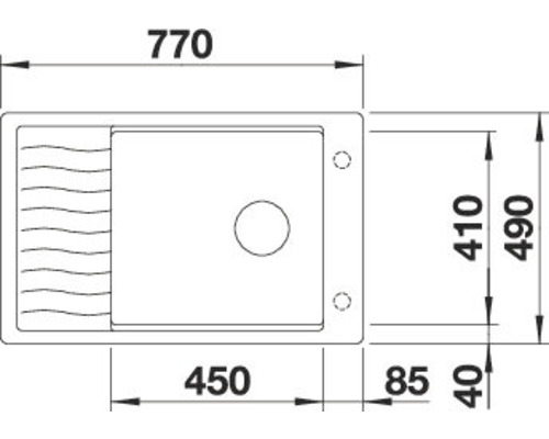 Dessin d''un évier avec les dimensions 770 x 490 millimètres