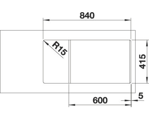 Schéma technique d''un évier avec les dimensions 840, 415, 600 et un rayon de 15