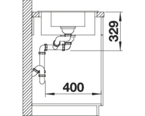Skizze eines Spültischs mit Rohren und Maßangaben