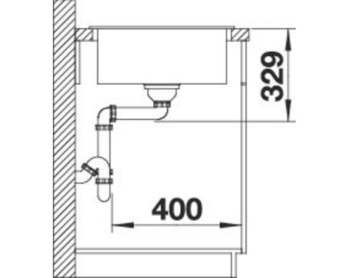 Installationszeichnung einer Spüle mit Siphon und Maßangaben.