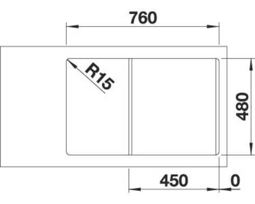 Technische Zeichnung eines Spülbeckens mit den Maßen 760 x 480 mm