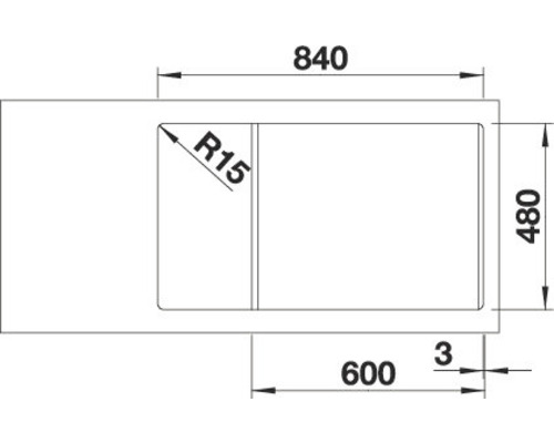 Dessin technique d''un évier avec les dimensions 840, 480, 600 et un rayon de 15