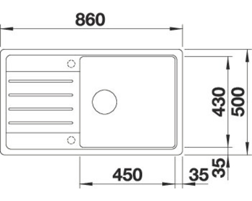 Technische Zeichnung einer Spüle mit Maßangaben