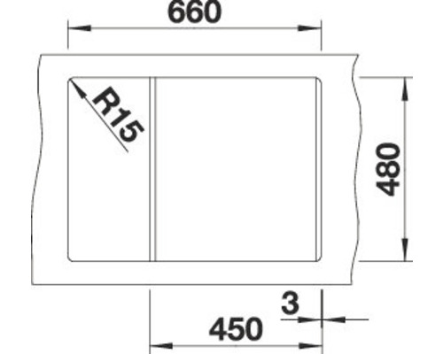 Technische Zeichnung einer Spüle mit Maßangaben