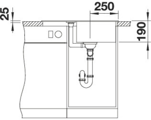 Technische Zeichnung einer Spüle mit Maßen für den Einbau