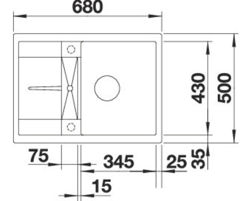 Technische Zeichnung einer Küchenspüle mit Maßangaben.