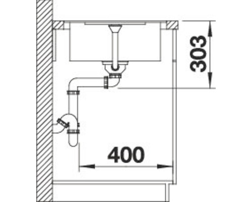 Zeichnung eines Spültischs mit Abmessungen
