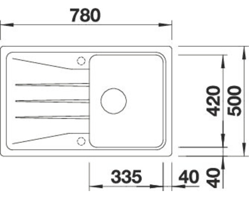 Zeichnung einer Spüle mit den Maßen 780 x 500 Millimeter.