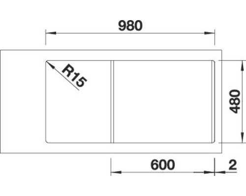 Technische Zeichnung einer Spüle mit den Maßen 980, 480 und 600 Millimeter