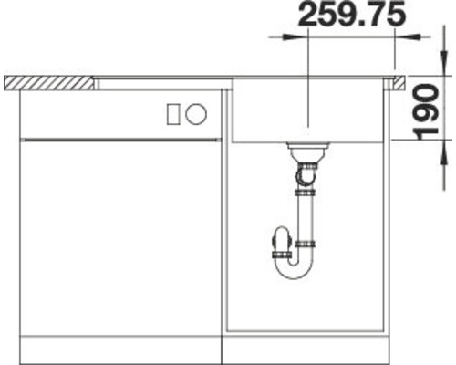 Technische Zeichnung eines Spültischunterschranks mit Maßangaben