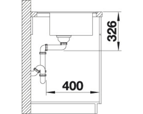 Schemazeichnung eines Spülbeckens mit Abfluss und Größenangaben