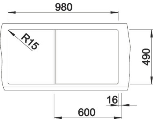 Technische Zeichnung eines Spülbeckens mit Maßangaben
