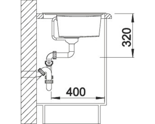 Technische Zeichnung eines Spülbeckens mit Maßangaben